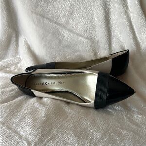 Anne Klein Black and Cream Leather Flats with Elastic Edge